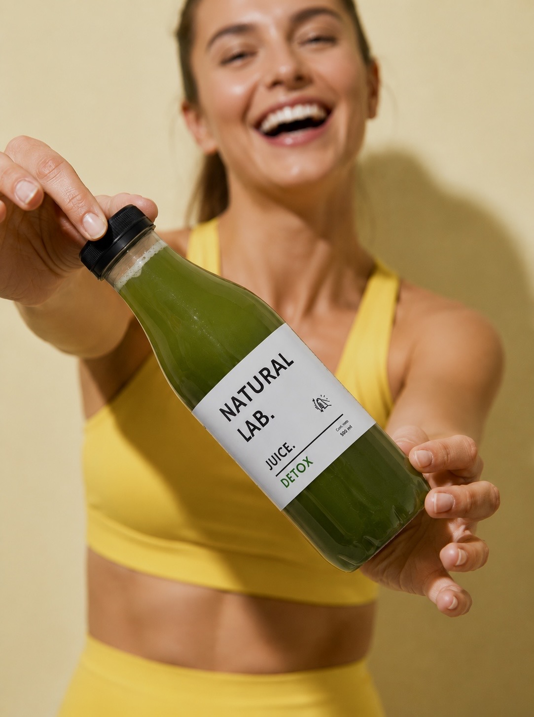 Persona sosteniendo una botella de jugo Detox de Natural Lab